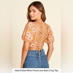 Altar’d State Boho Floral Puff Sleeve Square Neck Lace Up Back Crop Top Women M